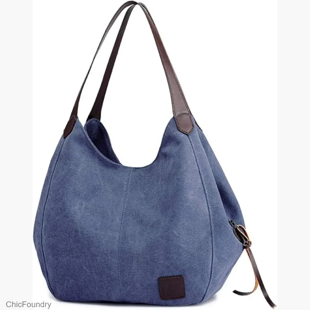 Multi-Pocket Canvas Shoulder Bag Tote Purse with Magnetic Snap Closure